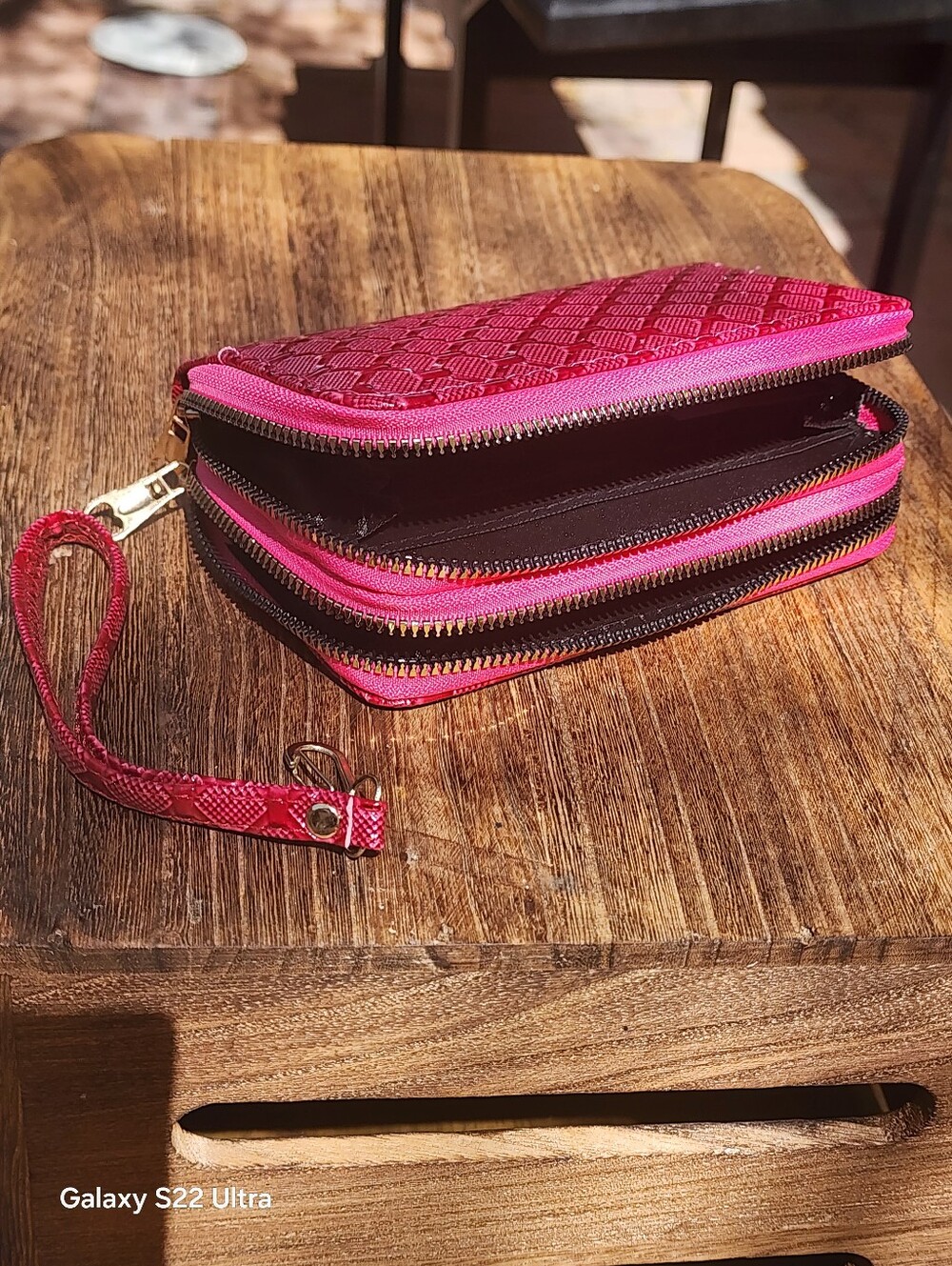 Woman's Multi Department Dark Pink Textured Small Double Zip Around Wallet - Picture 7 of 13